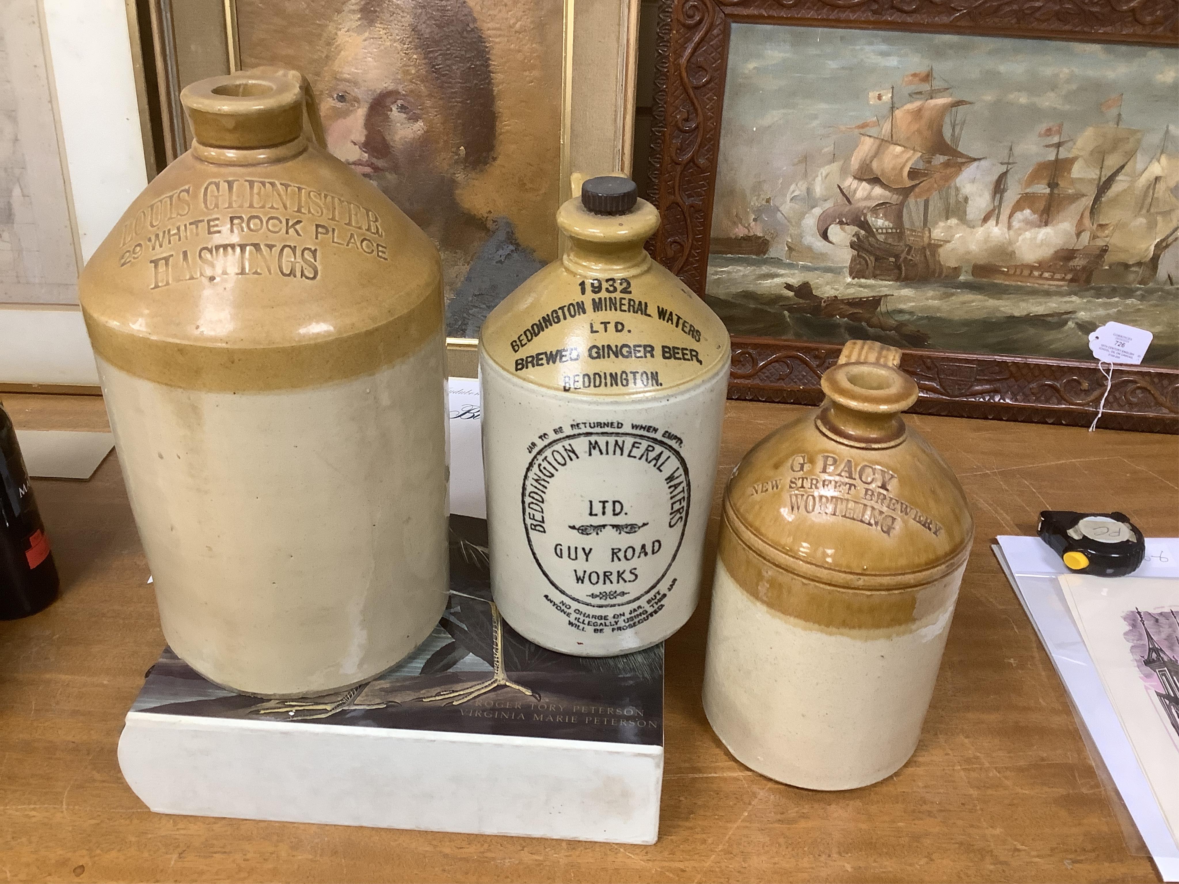 Nine various stoneware vessels including local brewers such as Lewes, Worthing, Hastings and Brighton. Condition - fair to good